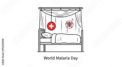 World Malaria Day: Mosquito net bed, medical cross, and mosquito symbol