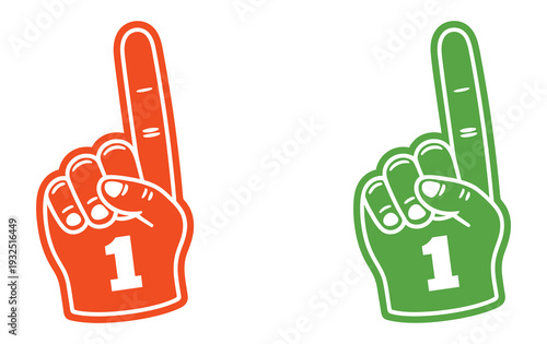 Pair of orange and green number one foam fingers with textured illustrated style representing team support, sports celebration, fan culture symbols