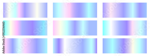 Collection of nine soft holographic gradient swatches with pearlescent pastel tones