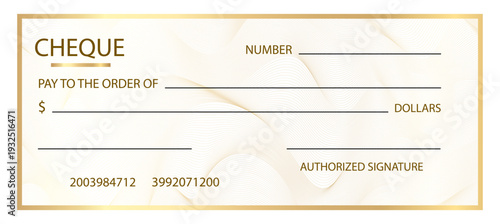 Cheque bank blank template with golden gradient guilloche watermark pattern