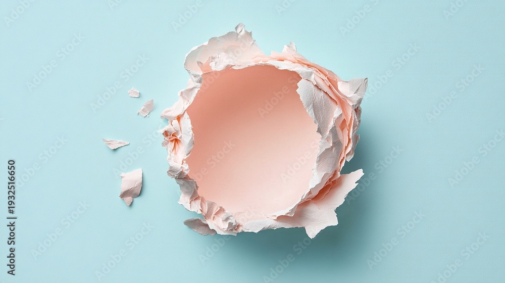 Fototapeta premium A dreamy ripped paper hole with a soft pink and pale sky blue gradient background. This cotton-candy colored design is perfect for baby showers, gender reveals, and whimsical themes.