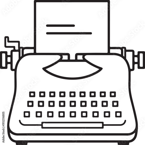 Retro typewriter line art, old fashioned typing machine with paper, vintage technology for writing and design.