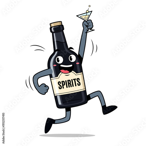 Happy Bottle of Spirits Dancing with Martini Glass