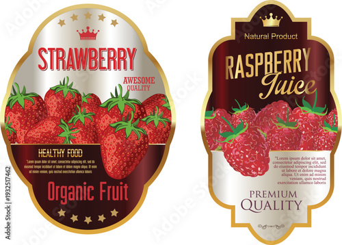 Strawberry and raspberry juice labels with fruit images