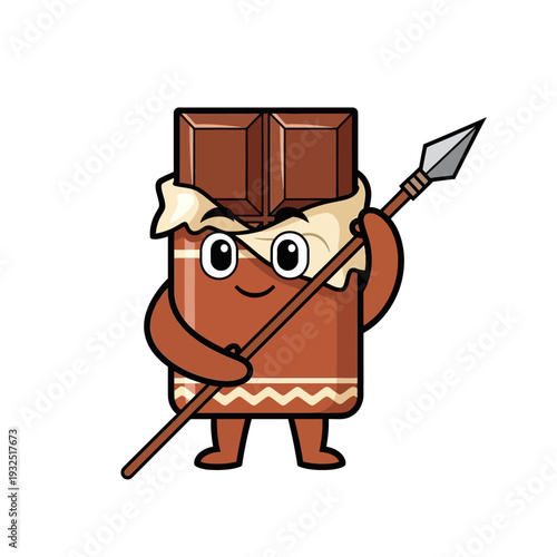 Cute Chocolate Bar Character Holding a Spear, Cartoon Style