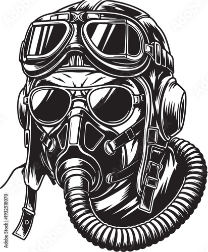 Vintage pilot head wearing oxygen mask and flight goggles with leather aviator helmet representing military aviation history and retro aircraft equipment
