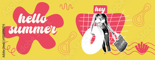 Retro vintage pop art comic style halftone collage summer holiday vacation, Travel and summer sale banner for social media cover header with a woman holding a swim ring and bag with abstract shapes