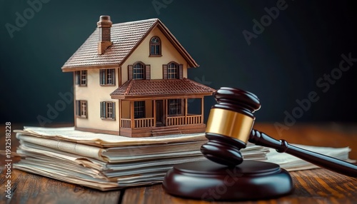 wooden model house on stacks of legal documents beside a judge's gavel, evoking legal authority and tense uncertainty over property and ownership