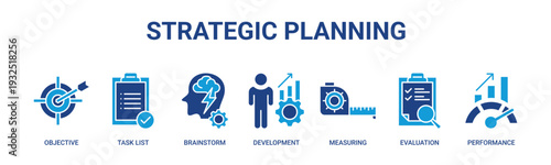 Strategic Planning web banner icon vector illustration concept with icons of objective, task list, brainstorming, development, measurement, evaluation, and performance management.