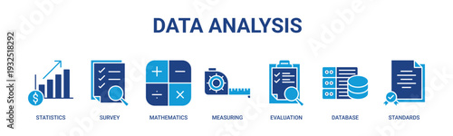 Data Analysis web banner icon vector illustration concept with icons of statistics, survey, mathematics, measurement, evaluation, database systems, and international standards.