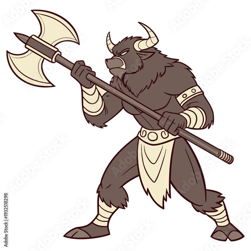 Mythical Minotaur Warrior: A formidable Minotaur warrior stands poised with a battle axe, embodying strength and readiness.