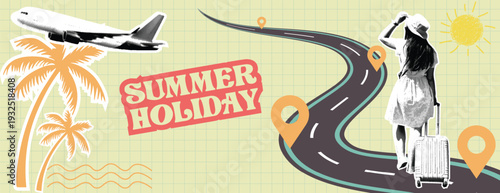 Retro vintage pop art collage summer holiday Travel and summer vacation banner for social media cover header, holiday road trip with an airplane and a woman with luggage on a winding road illustration