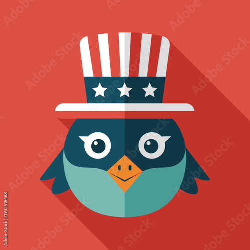 Cute patriotic bird wearing Uncle Sam hat, flat design, American symbol, independence day