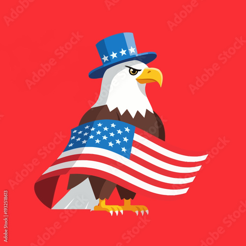 Patriotic Eagle Wearing Uncle Sam Hat and American Flag Cape on Red Background