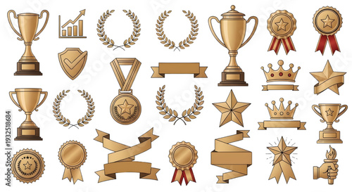 Awards and Victory Icon Set – Trophies, Medals and Laurel Wreath Premium Vector Collection