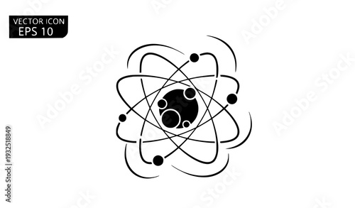 Minimal Black Atomic Nucleus Vector Icon for Science and Technology Branding