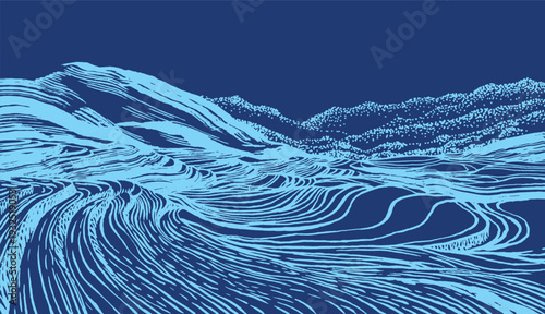 Elegant Japanese-inspired background featuring light blue hand-drawn terraced rice fields on a navy field. Intricate woodblock-style etching creates a rhythmic, agricultural landscape.