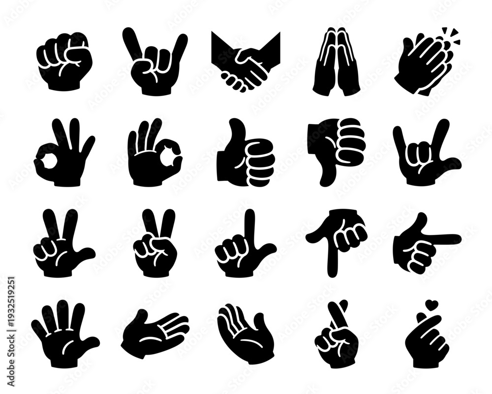 Fototapeta premium Hand gesture icon set, symbolizing communication, interaction, and user interface actions with simplified solid silhouettes for digital apps, web design, and infographics.