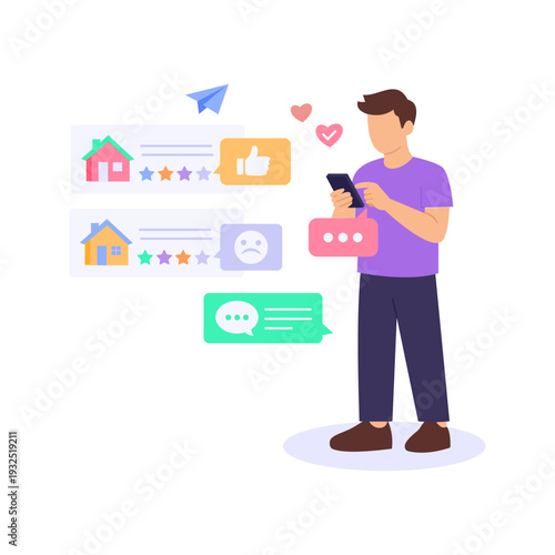 Property Reviews, Evaluating rental performance and tenant feedback, Flat vector character illustration