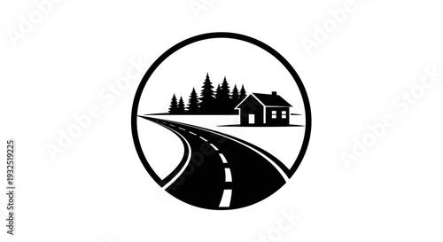 Road leading to a house surrounded by trees in a circular frame.