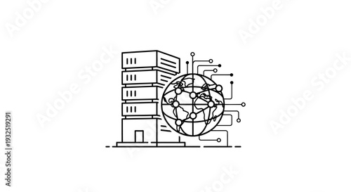 Server room with globe illustration.