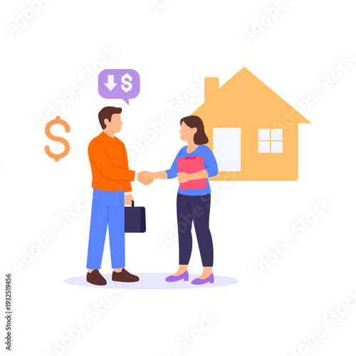 Rental Price Negotiation, Discussing lease terms and rental pricing, Flat vector character illustration