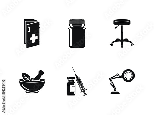 Medical icons set including first aid kit, stool, and equipment, ui elements, medical icon set