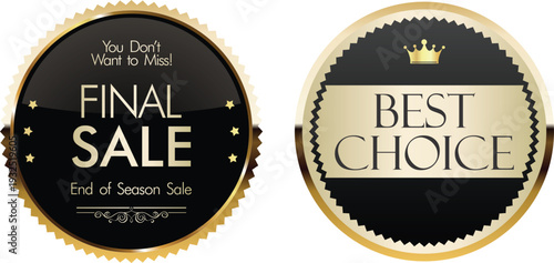Two gold and black sale badges for final sale and best choice