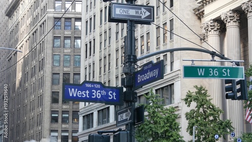 New York City Broadway and 36 street sign on Manhattan, United States. Urban road sign in american city. Traffic sign in Midtown of NYC. Building architecture, district near Herald Square. Hot steam.