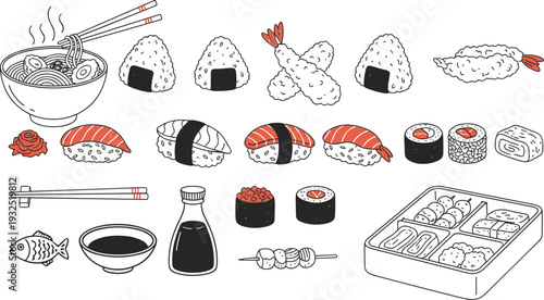 A colorful illustration of various sushi types and ingredients on a white background with chopsticks and soy sauce