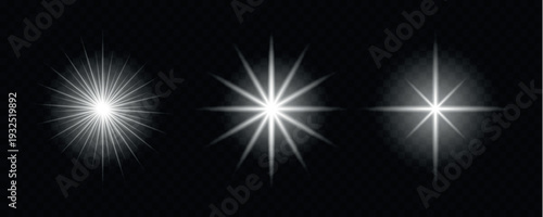 Collection of bright white starbursts and lens flares on a transparent background varying in shape