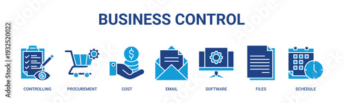 Business Control web banner icon vector illustration concept with icons of controlling, procurement, cost, email, software, files, schedule.