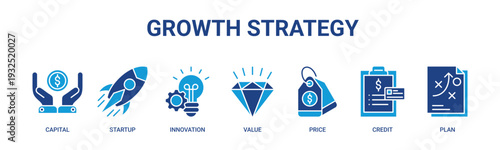 Growth Strategy web banner icon vector illustration concept with icons of capital, startup, innovation, value, price, credit, plan.