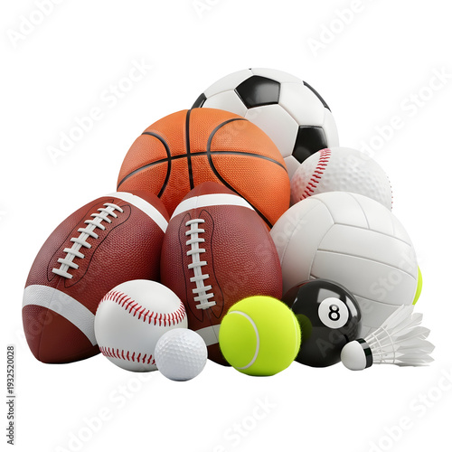 Assortment of popular sports equipment collection on transparent background