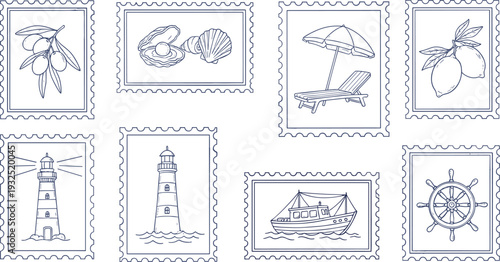 A collection of nautical themed postage stamps featuring various beach and sea icons