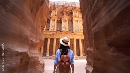 Woman walking through narrow canyon towards ancient treasury facade, Petra, Jordan