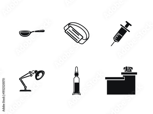 Collection of medical and office supplies icons in black on isolated, ui elements, medical icon set