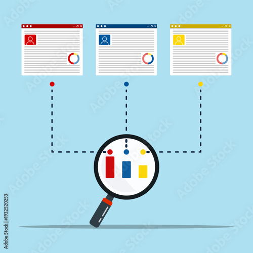 Customer data analysis concept with segmentation and analytics dashboard, showing user profiles, statistics, and digital marketing insights.