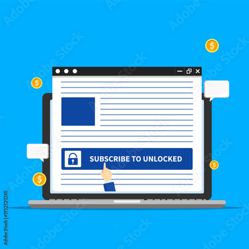 Online subscription concept with paywall access, digital content monetization, and secure payment on website interface with locked premium service.