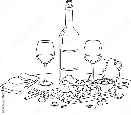A wine and cheese setting with a bottle glasses grapes and crackers on a table