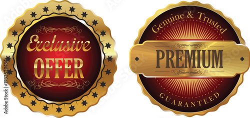 Premium exclusive offer labels with gold accents and red background