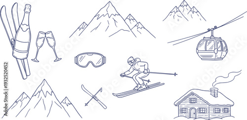 Skiing and snowboarding illustrations with mountains and lodge