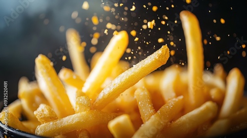 Close up shot of freshly salted french fries with seasoning particles suspended in the air creating a dynamic fast food visual experience