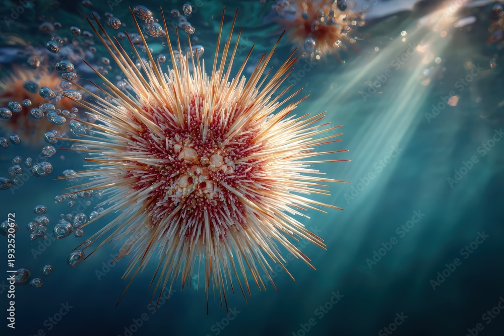 Fototapeta premium Bright sea urchin in clear tropical water with sunlight breaking through the surface