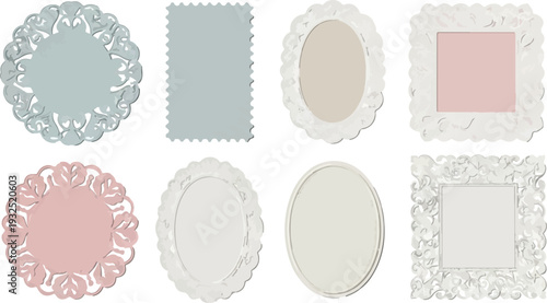 Set of 8 Decorative Vintage Frame and Doily Shapes Vector isolated PNG with Transparent Background