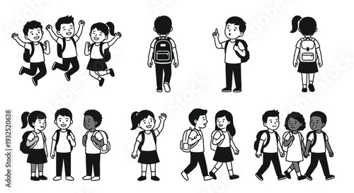 Diverse group of children with backpacks happily interacting and going to school