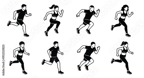 Silhouettes of runners in various action poses a dynamic exercise illustration