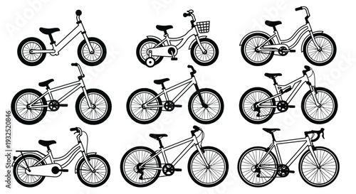 Collection of black and white bicycle illustrations in various styles
