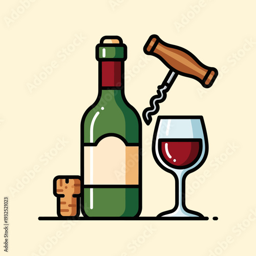Wine bottle, corkscrew, wine glass, and cork on a plain background