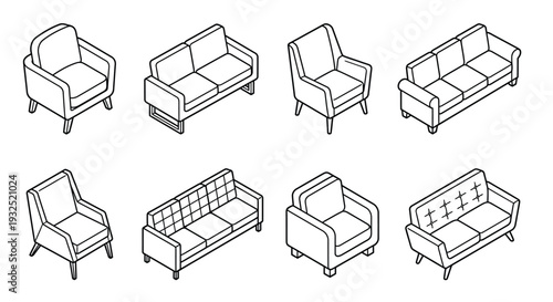 Line art illustration of various modern sofas and armchairs in isometric view